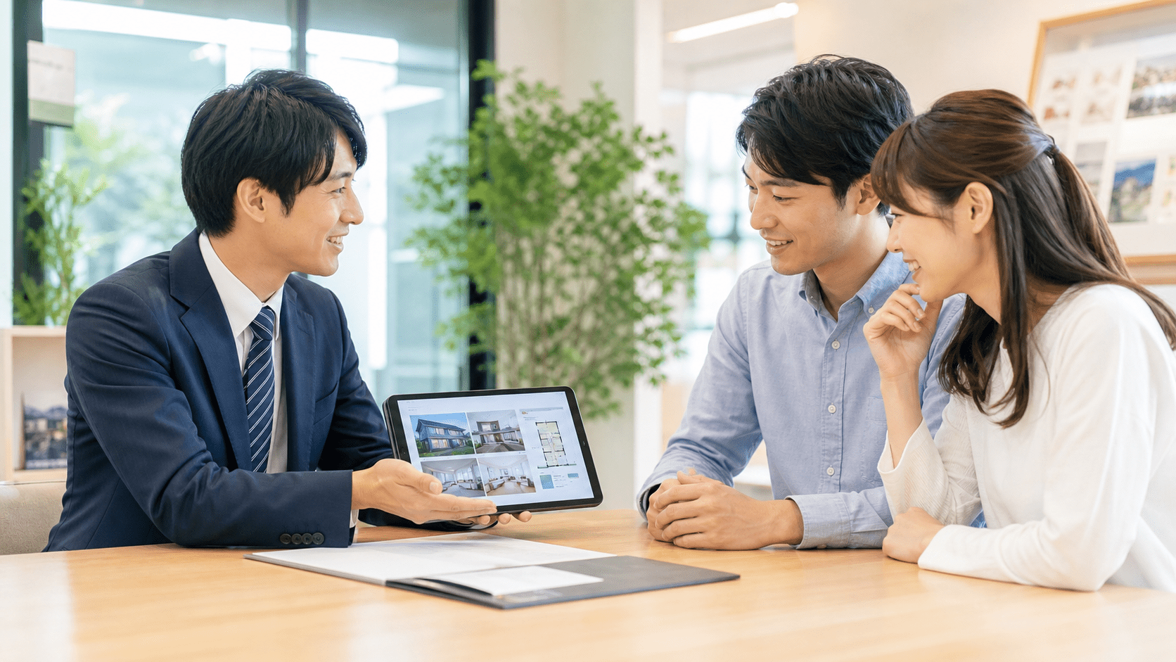 タブレットで物件情報を見ながらの相談風景