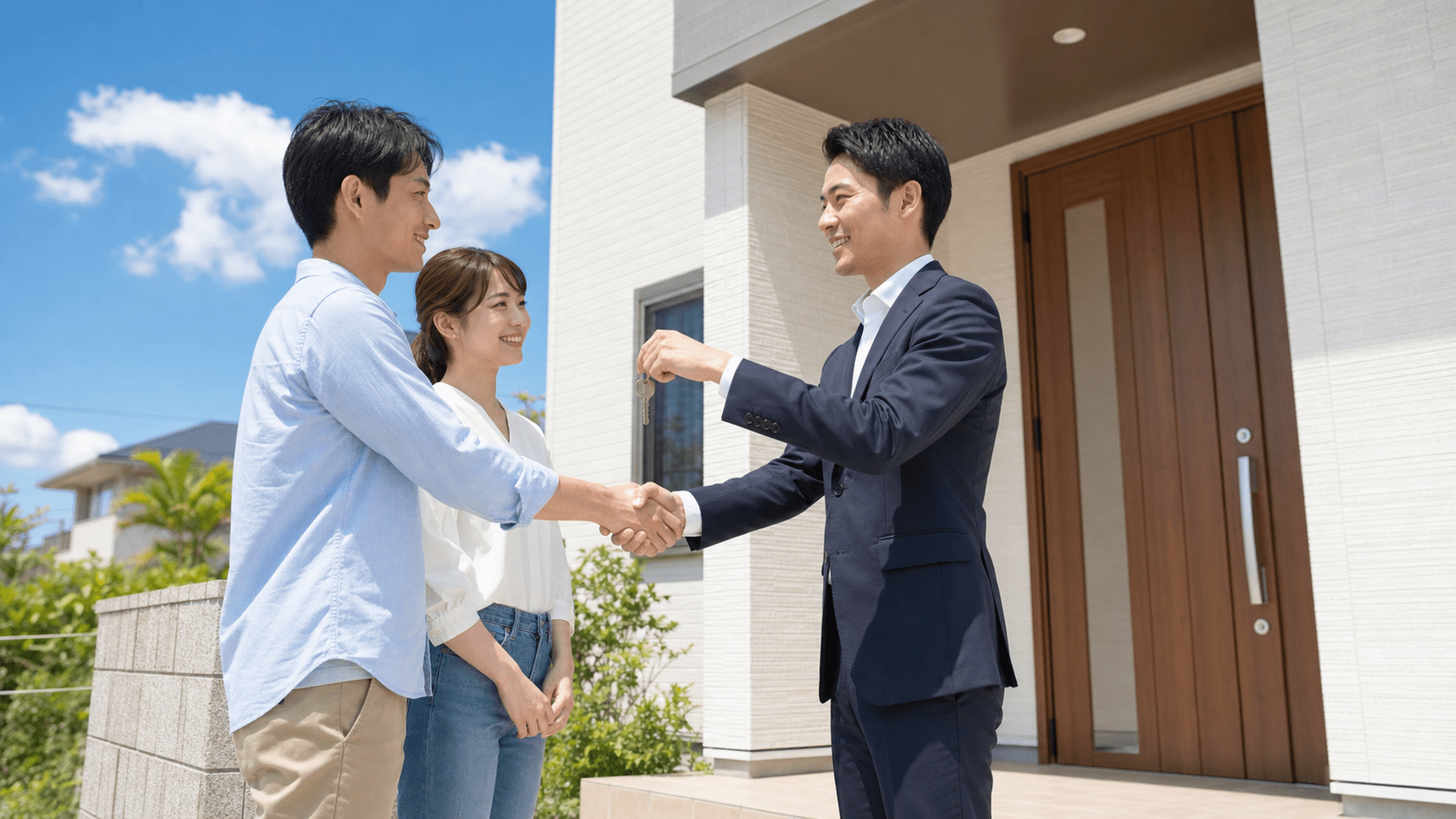 新築住宅の玄関前で握手を交わす夫婦と担当者