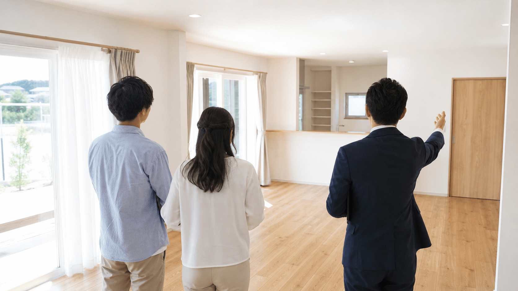 明るいリビングで購入希望の夫婦を案内する不動産会社の担当者。後ろ姿