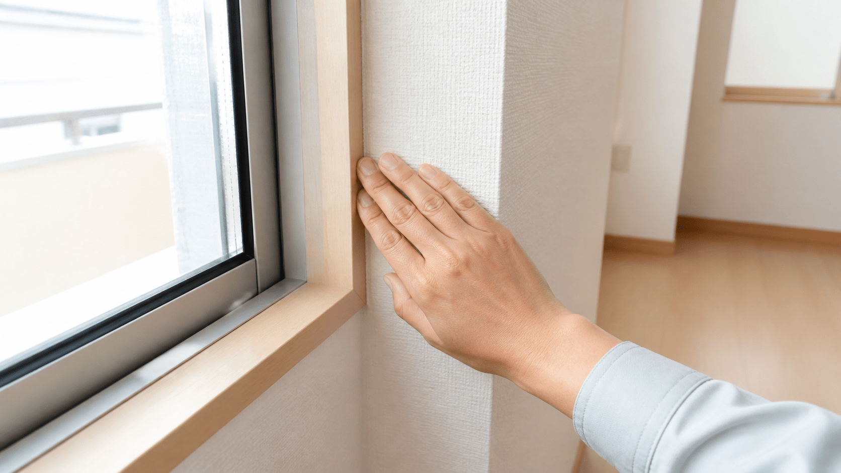明るい部屋で窓やサッシの状態を点検する手元