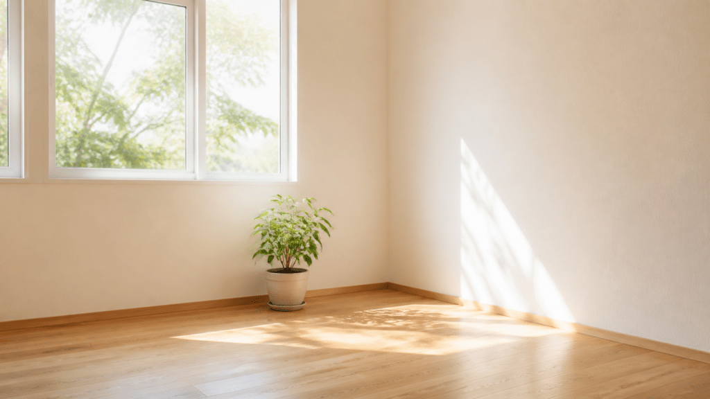 窓から日差しが差し込む明るい室内と観葉植物。ご成約の御礼のイメージ