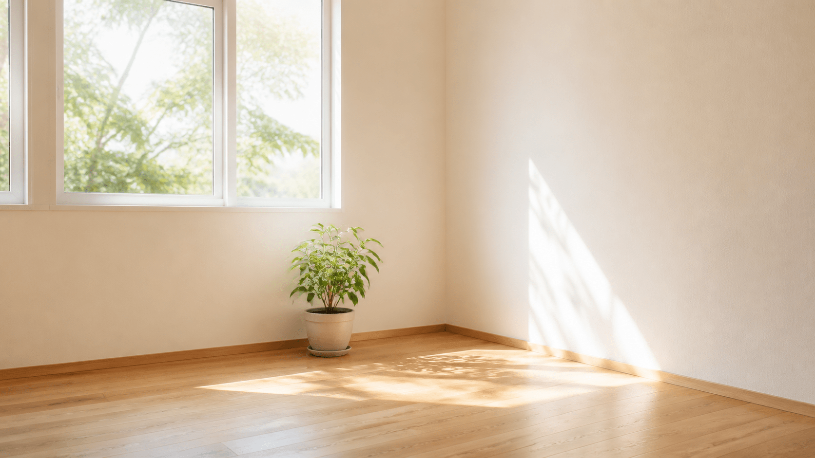 窓から日差しが差し込む明るい室内と観葉植物。ご成約の御礼のイメージ