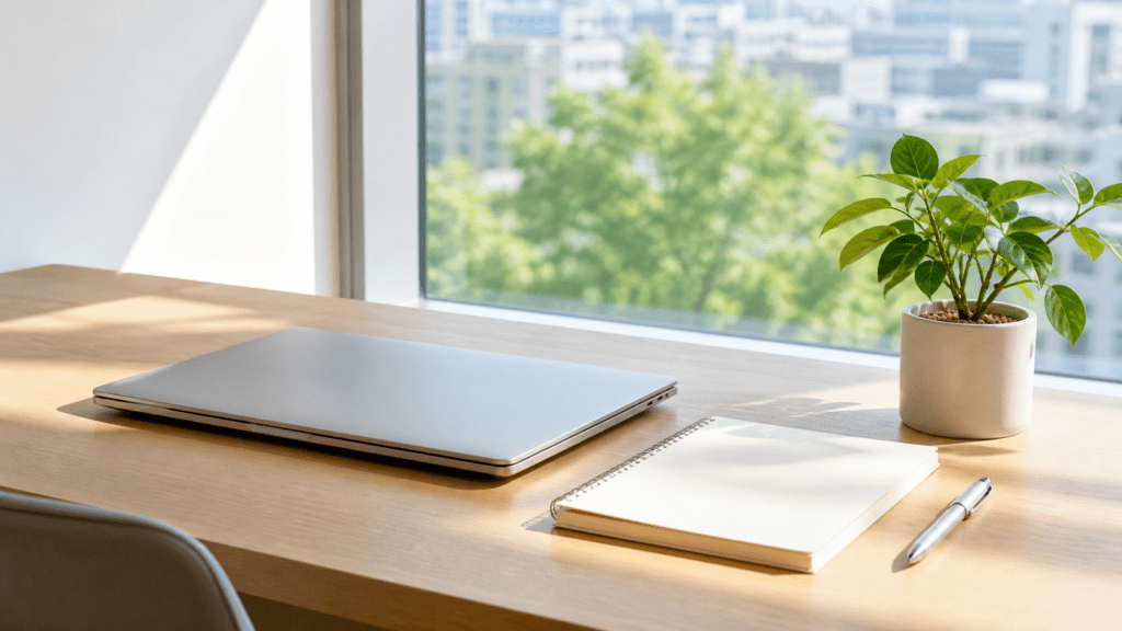 窓辺の明るいデスクにノートパソコンと観葉植物。事務所開業のイメージ