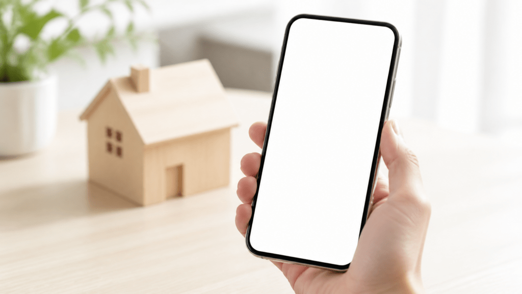 スマートフォンを持つ手と、背景にある家の模型。不動産アプリのイメージ