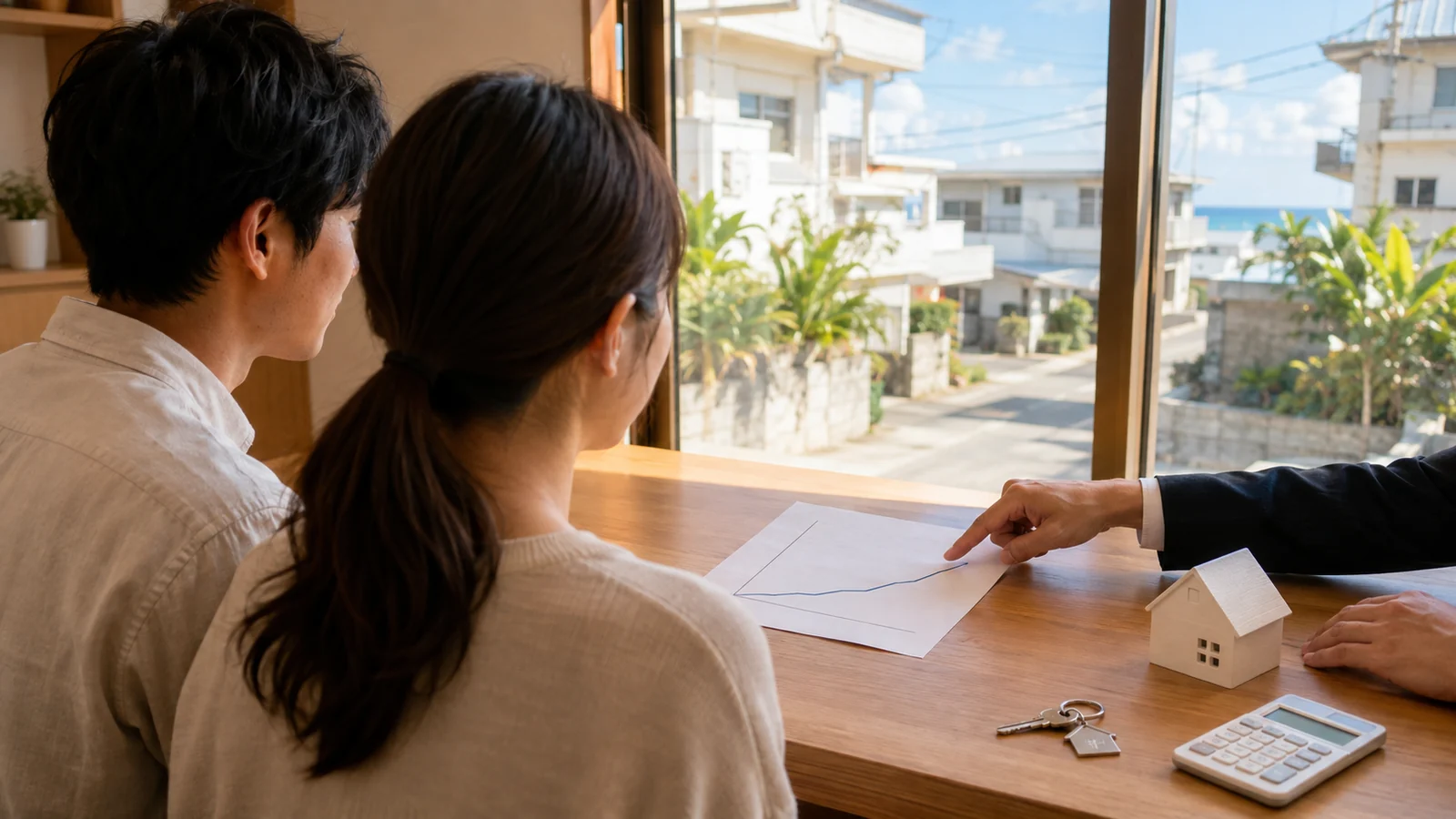 沖縄の住宅街を望む明るい事務所で、金利の上昇を示すグラフを前にファイナンシャル・プランナーの説明を聞く夫婦。後ろ姿