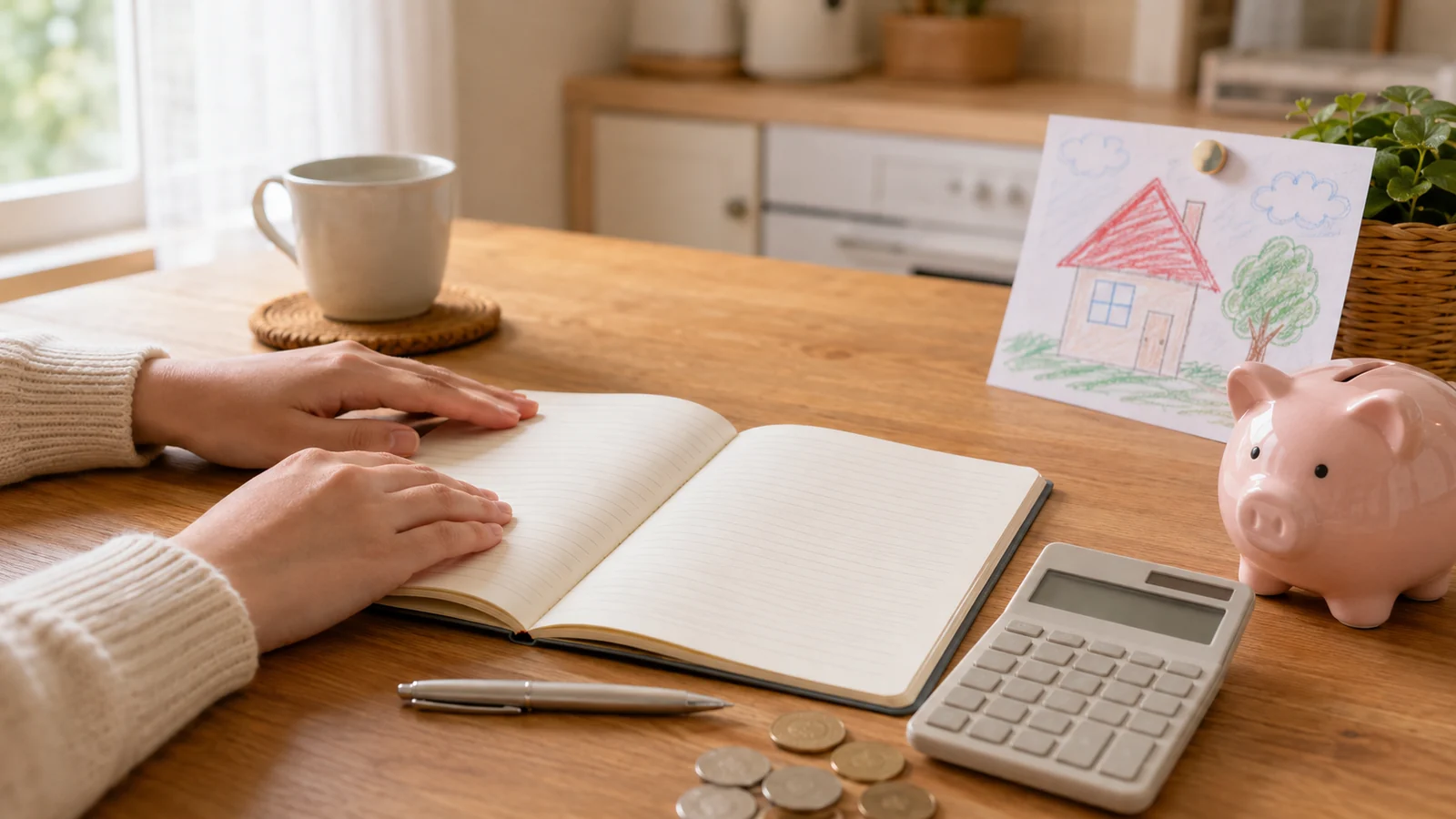 キッチンのテーブルで家計簿を開く手元。電卓と貯金箱、子どもが描いた家の絵