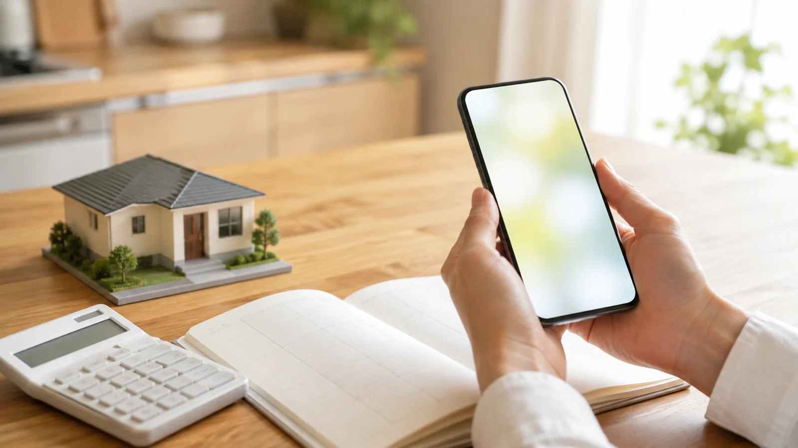 キッチンのテーブルでスマートフォンと電卓、家計ノートを前に月々の支払いを考える手元