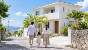 新しい白い二階建ての家に向かって手をつないで歩く家族の後ろ姿