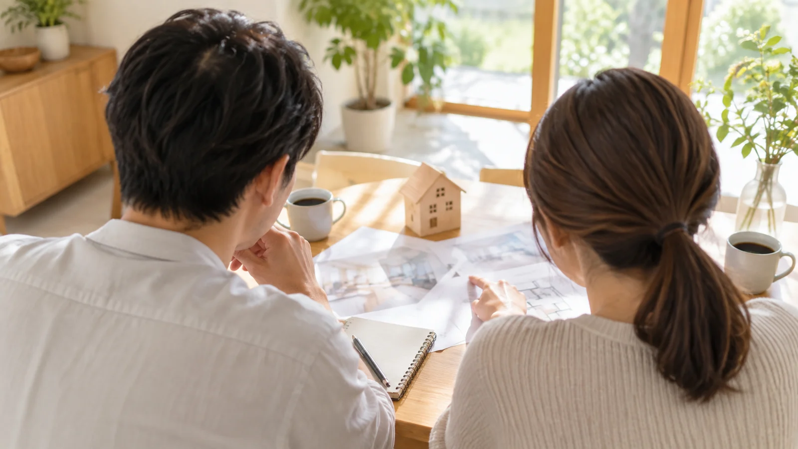 明るいダイニングテーブルで、資料と木の家の模型を見ながら話し合う二人の後ろ姿