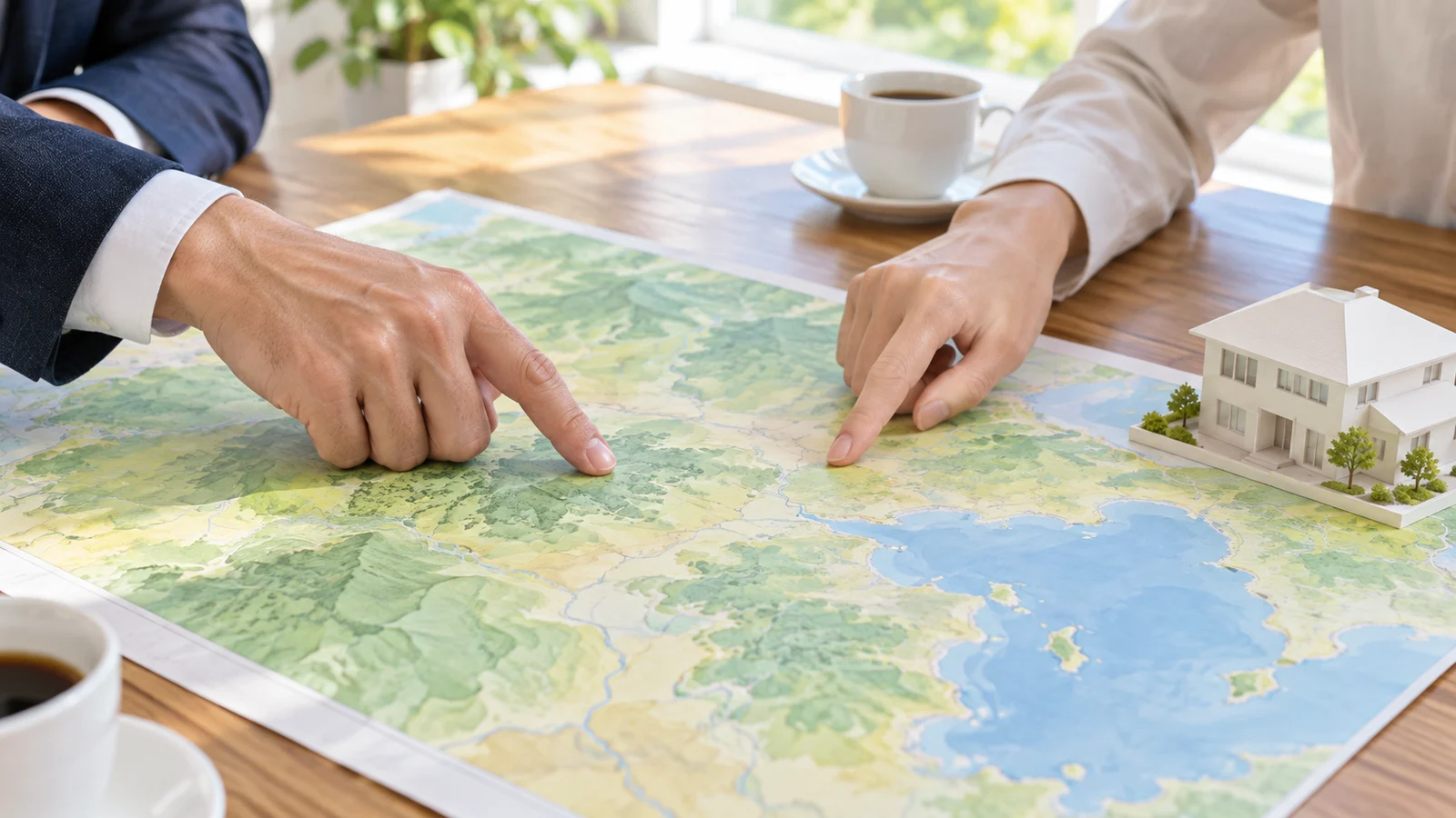 テーブルに広げた地図を指さす手元。そばに家の模型とコーヒー