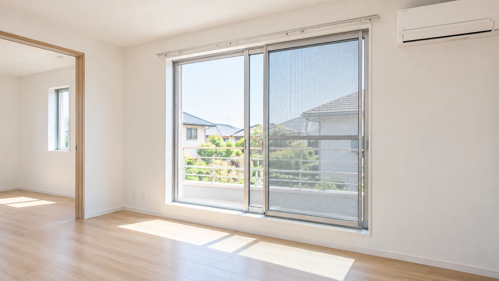 新築戸建ての明るいリビング。窓に網戸とカーテンレール、壁にエアコン