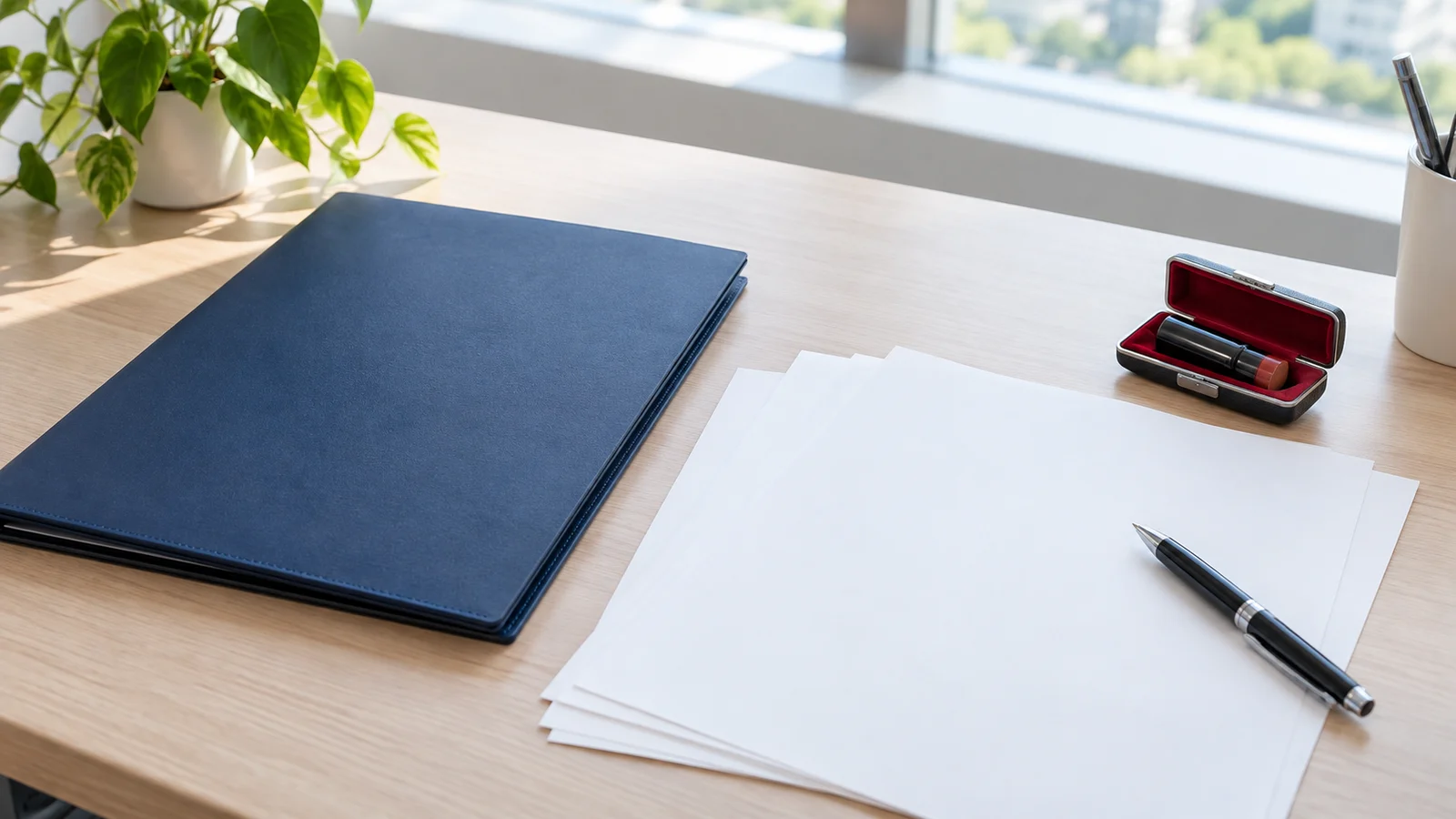 机の上に置かれたファイルと白い書類、ペン、印鑑