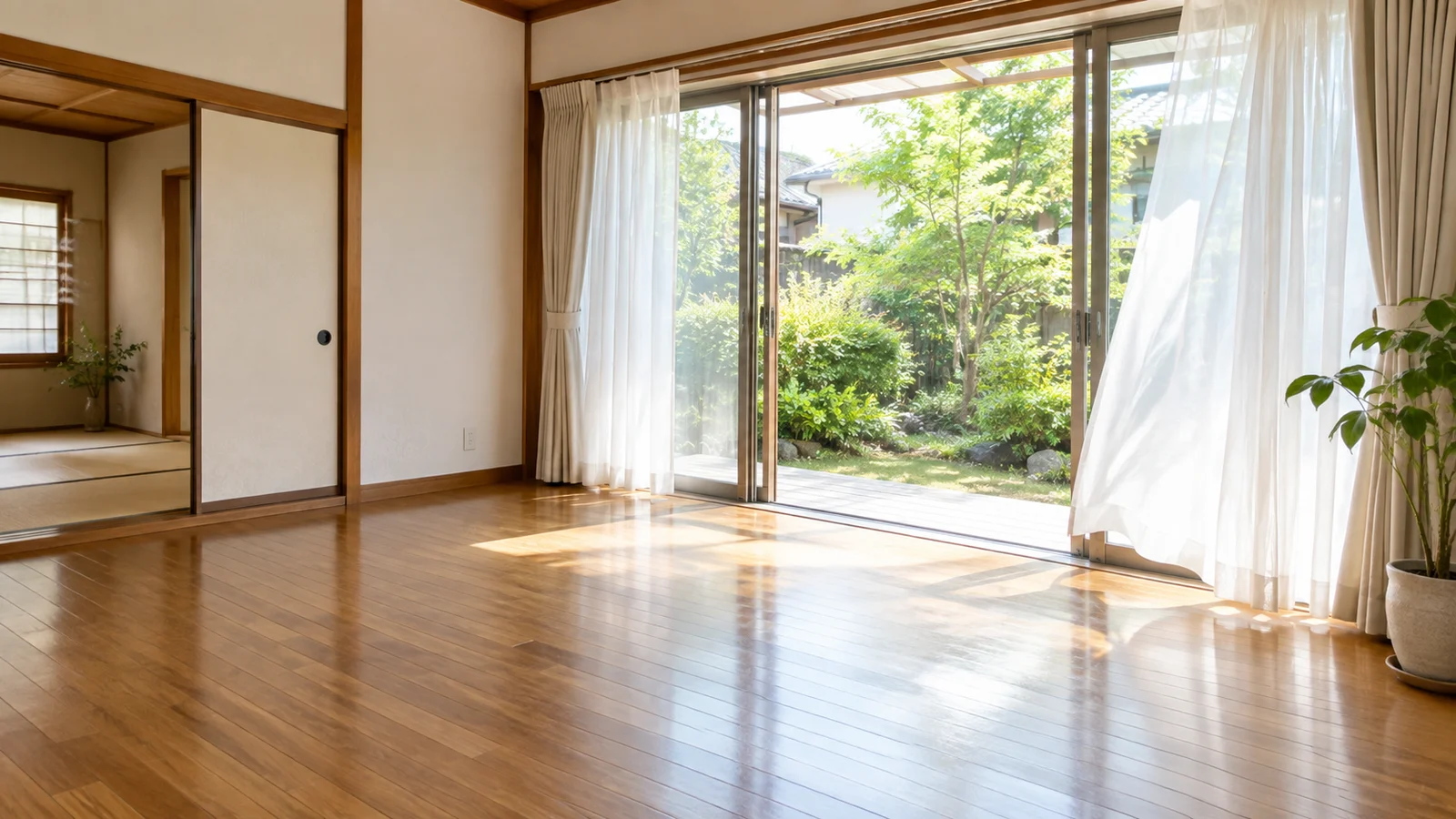 掃き出し窓を開けて風を通した、家具の少ない明るいリビング