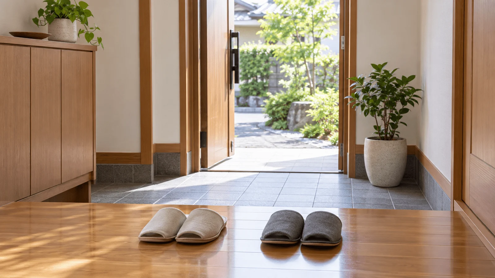 扉を開けた明るい玄関に、来客用のスリッパが2組そろえて置かれている