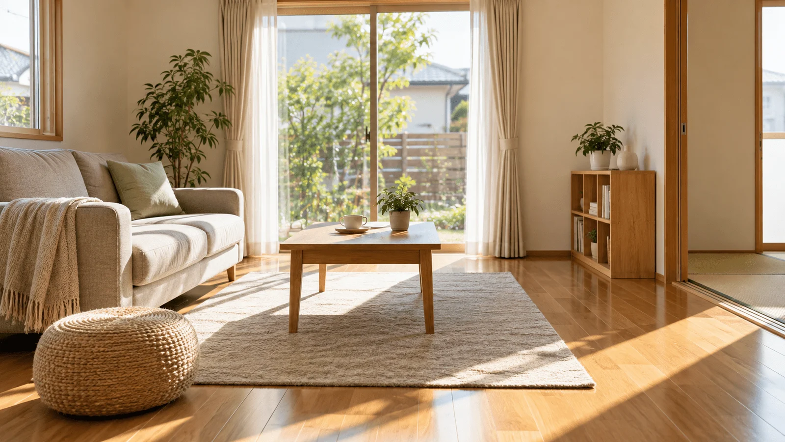 カーテンを開けて日が差し込む、片付いた明るいリビング