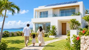 太陽光パネルのある沖縄の新築住宅に向かう家族