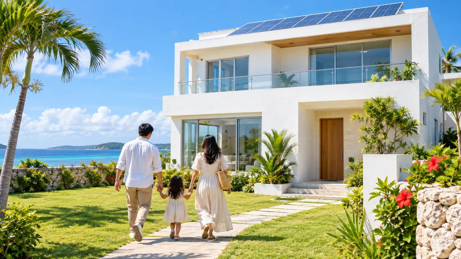 太陽光パネルのある沖縄の新築住宅に向かう家族