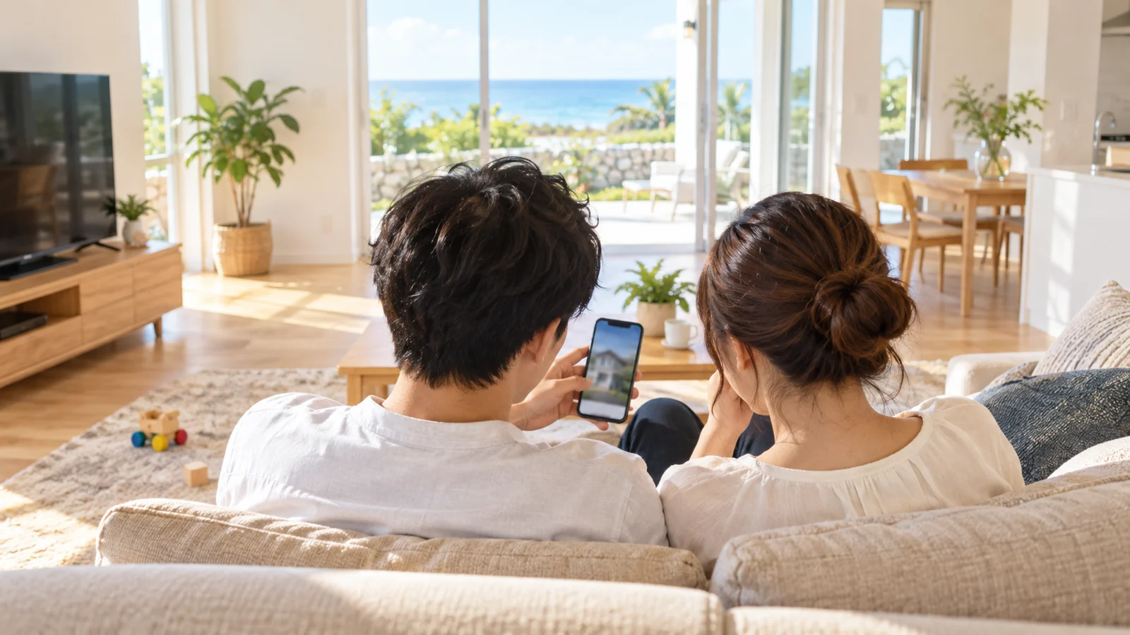 リビングのソファでスマートフォンの物件写真を見る家族