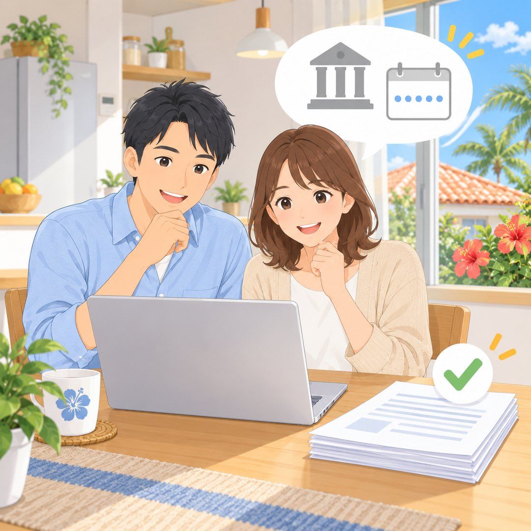 ご夫婦がノートパソコンを見ながら住宅ローンの事前審査を進めるイラスト