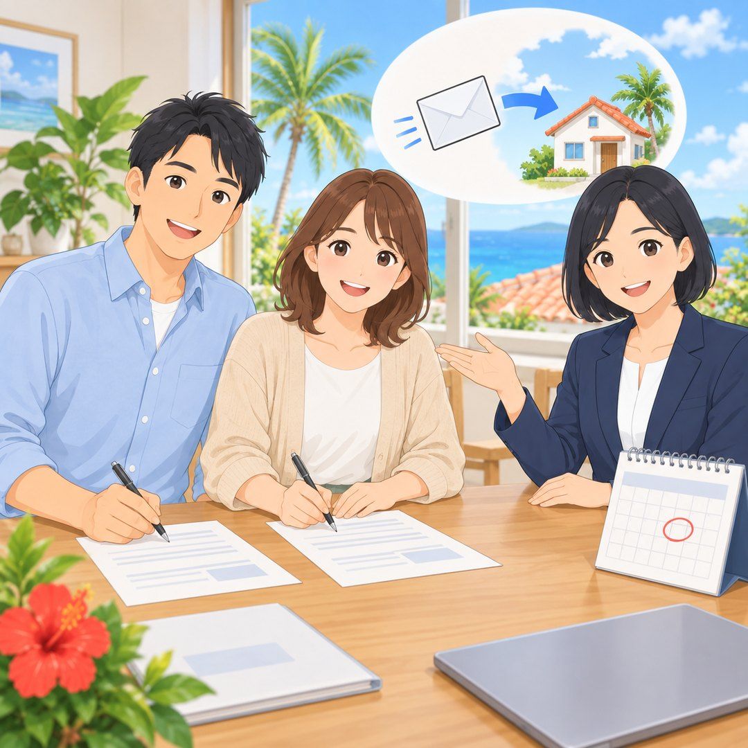 ご夫婦が不動産購入申込書に記入し、担当者が説明するイラスト