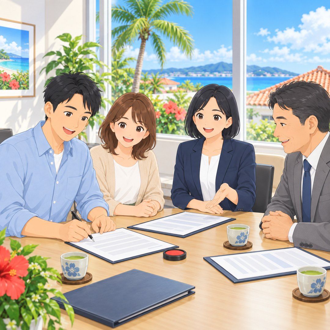 売買契約書に署名するご夫婦と、担当者・売主会社の担当者のイラスト