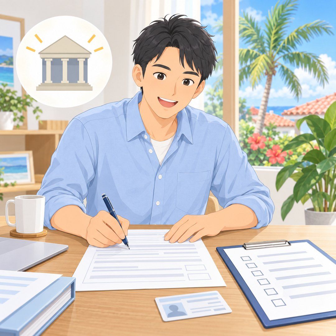 住宅ローンの本申込書に記入するご主人と、本人確認書類・チェックリストのイラスト