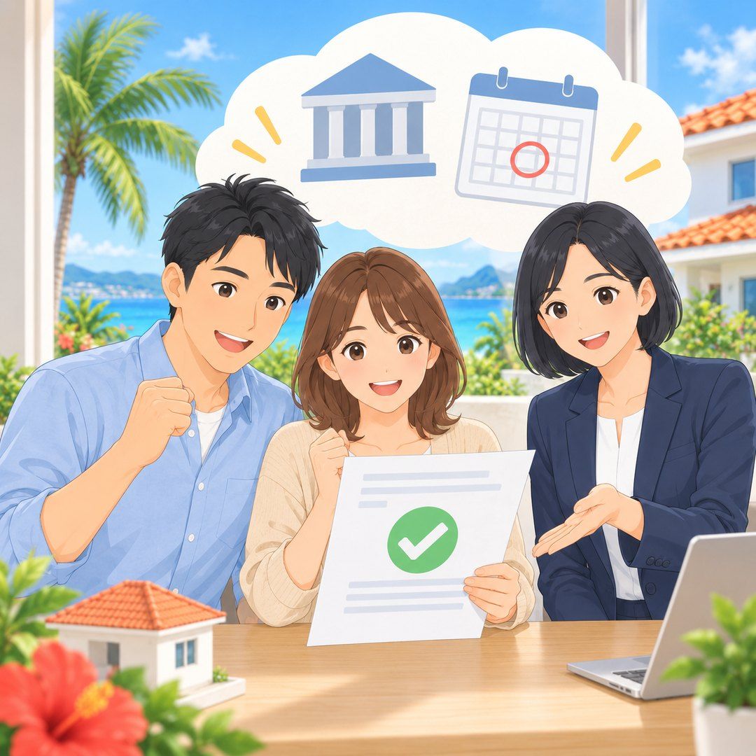ローンの本承認を喜ぶご夫婦と担当者、決済日に赤丸をつけたカレンダーのイラスト