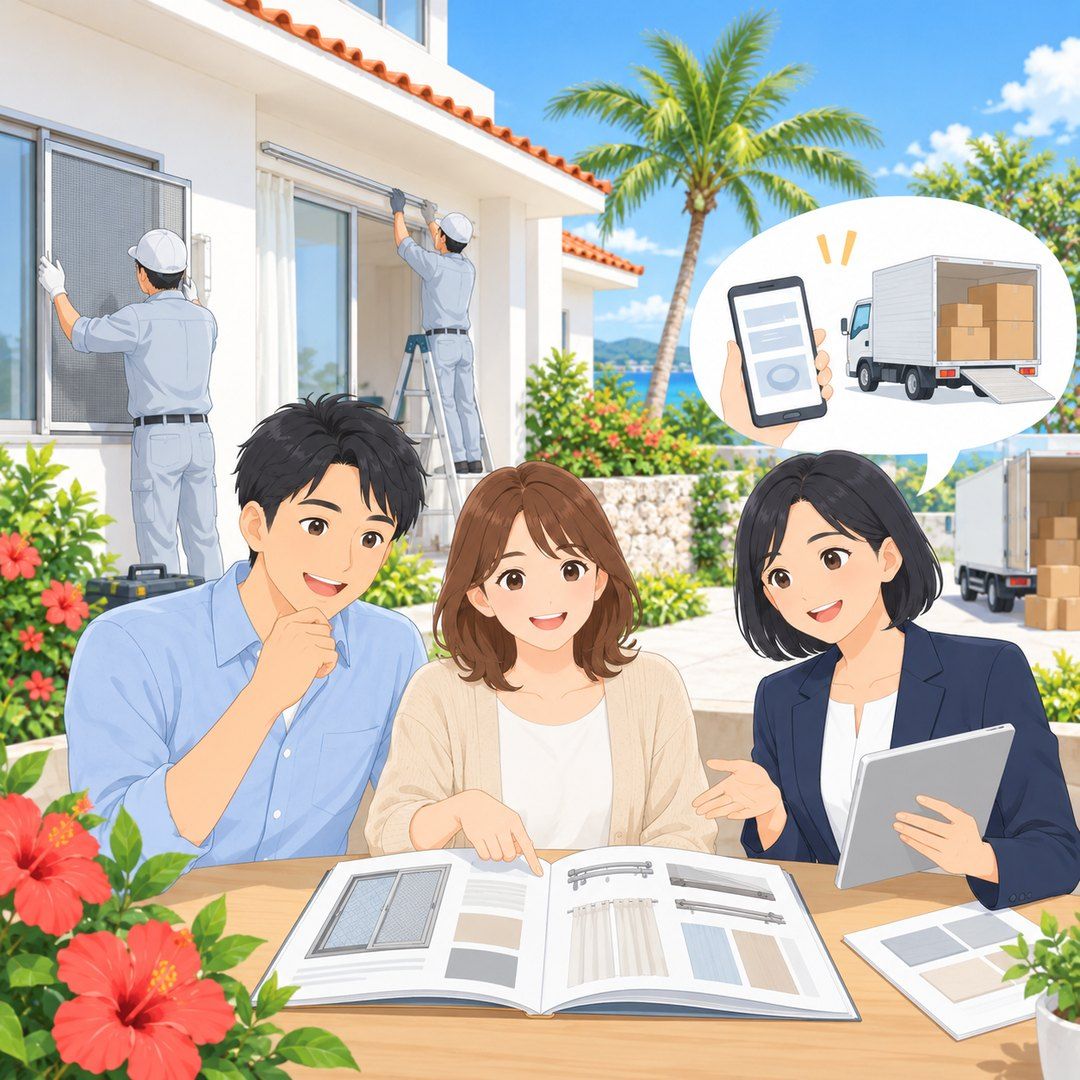網戸の取り付け工事と引越し業者の手配を相談するご夫婦と担当者のイラスト