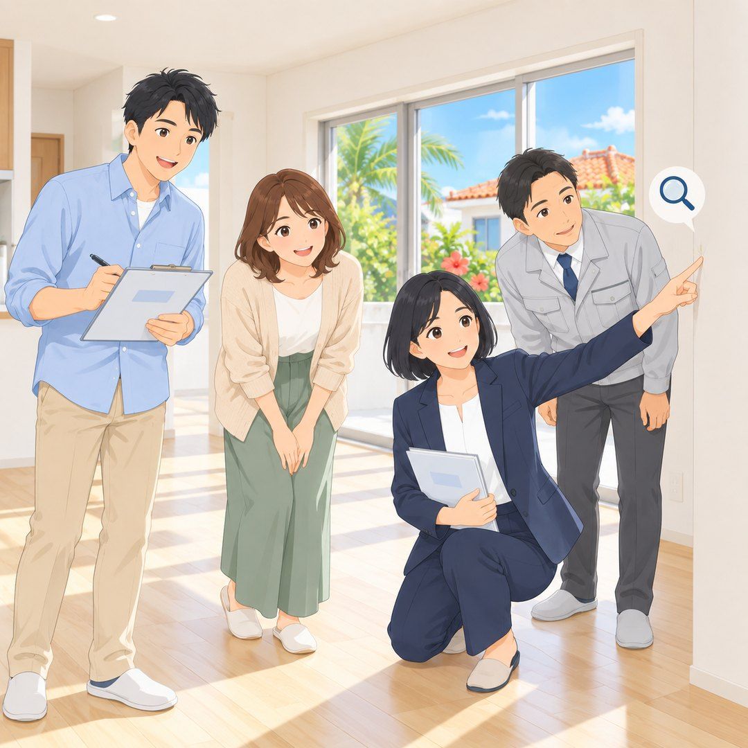 引渡し前に新居を三者で見て回り、壁や床の傷や不具合を確認するイラスト