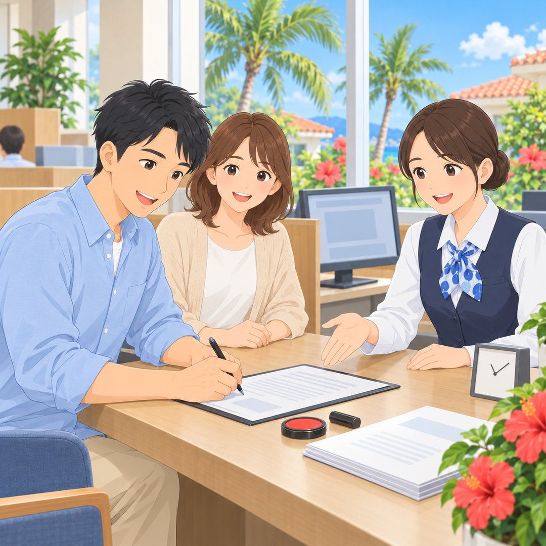 銀行の窓口で金銭消費貸借契約書に署名するご主人と銀行員のイラスト