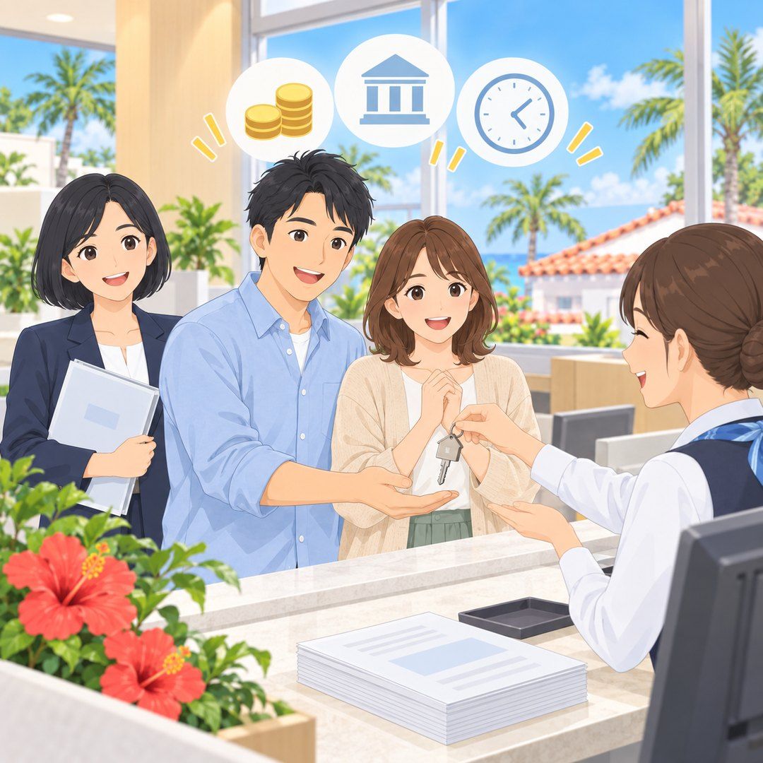 銀行の窓口で決済を済ませ、鍵を受け取るご夫婦のイラスト