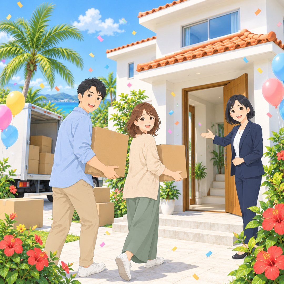 新居に荷物を運び入れてお引越しするご夫婦と担当者のイラスト