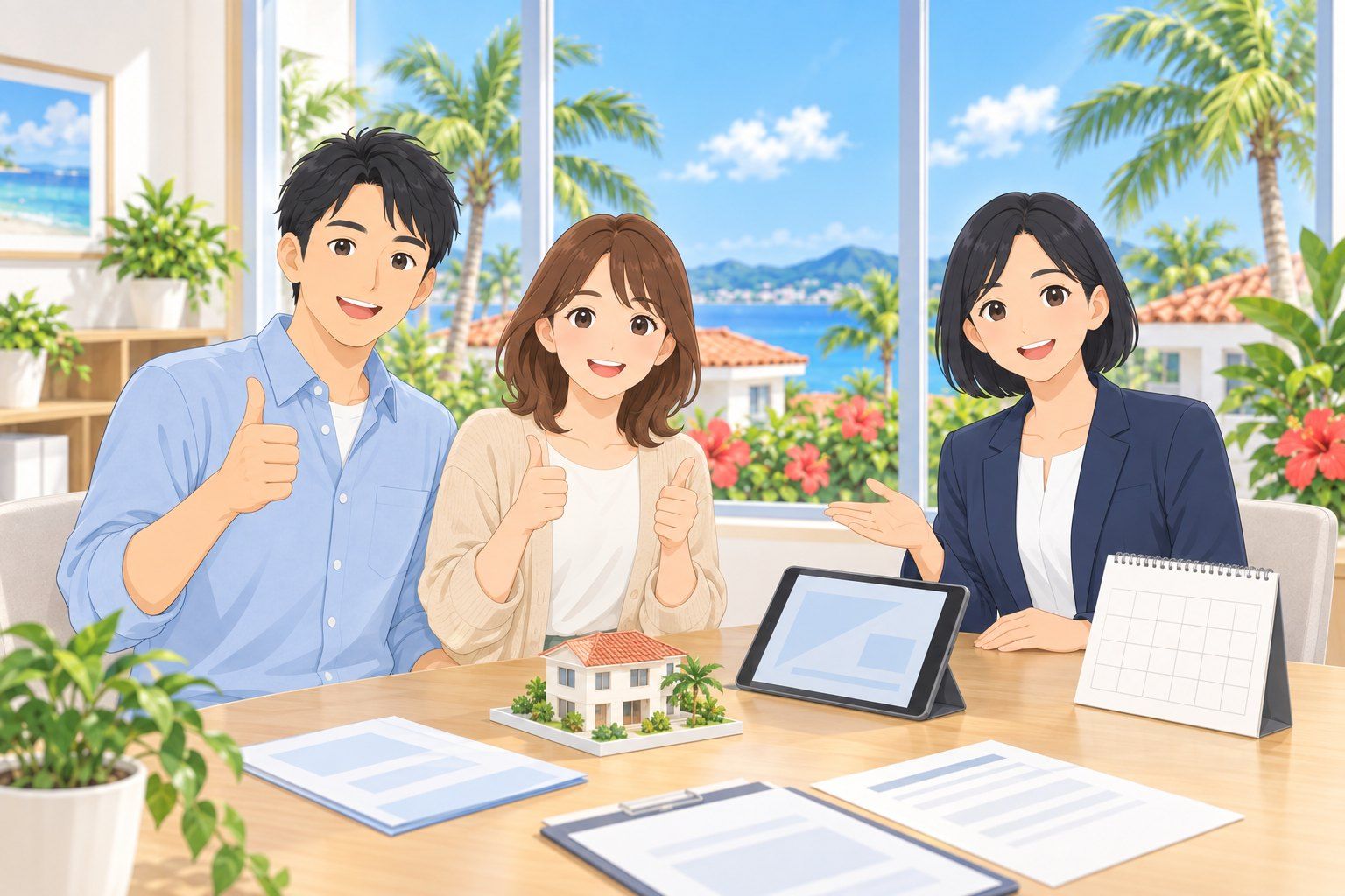 ご夫婦と担当者がテーブルを囲み、笑顔で相談しているイラスト