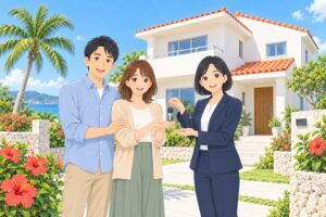 新築戸建ての前で、ご夫婦に担当者が家の鍵を手渡しているイラスト