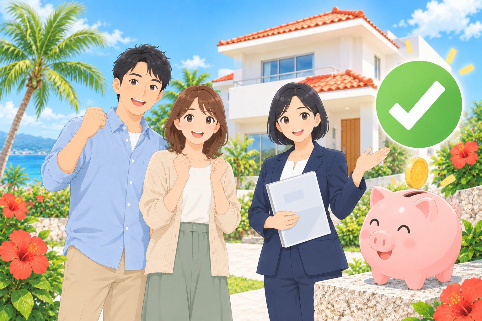 新築戸建ての前で喜ぶご夫婦と担当者、仲介手数料の節約を表す貯金箱のイラスト