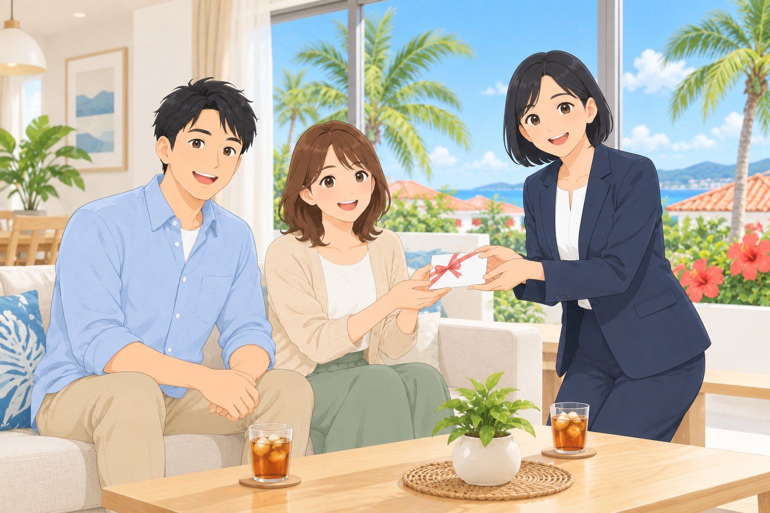内覧のとき、ドリンクを前に担当者からギフト券を受け取るご夫婦のイラスト