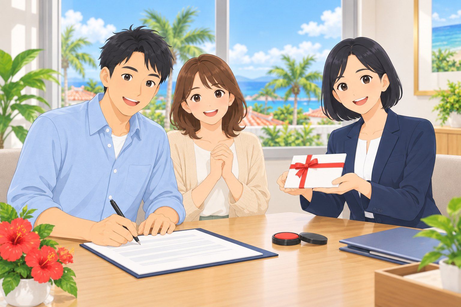売買契約書に署名するご夫婦と、ギフト券を渡す担当者のイラスト