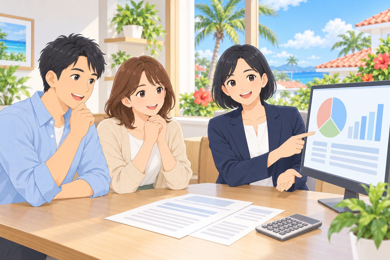 諸費用とローンシミュレーションのグラフを見ながら見積書の説明を受けるご夫婦のイラスト
