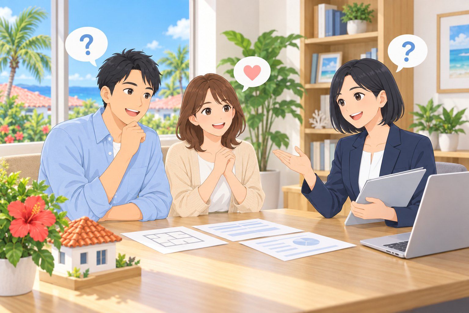 宅建士・AFPの担当者に住宅購入の相談をするご夫婦のイラスト