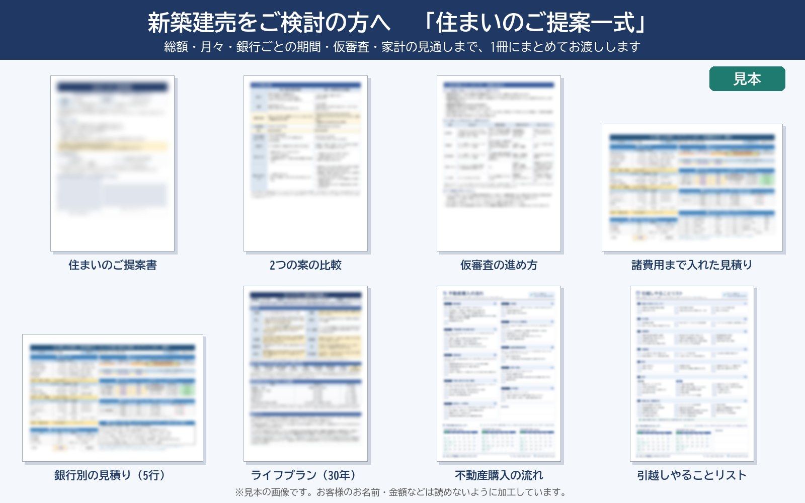 住まいのご提案一式の見本（提案書・見積り・ライフプラン・不動産購入の流れなど。お名前や金額は読めないように加工）