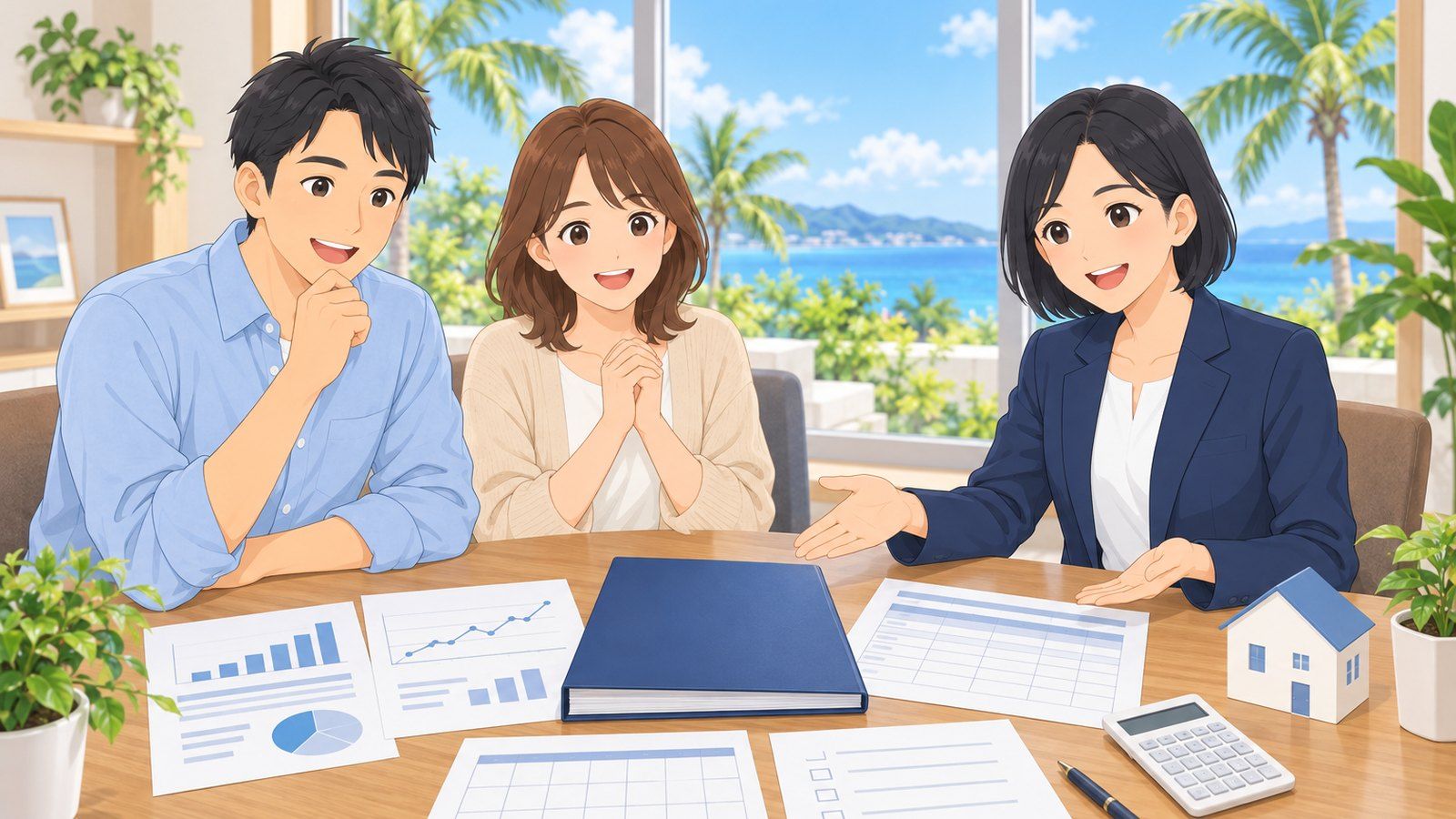 担当者がご夫婦に、住まいのご提案一式を見せながら説明している様子